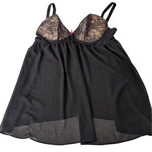 Cacique Lace Floral Babydoll Lingerie Womens Size 40DD Black Underwire Nightgown